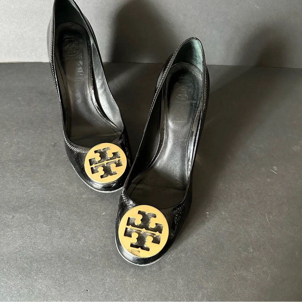 Tory Burch Patent Black Leather Maddie Block Heel Pumps Size 9.5
